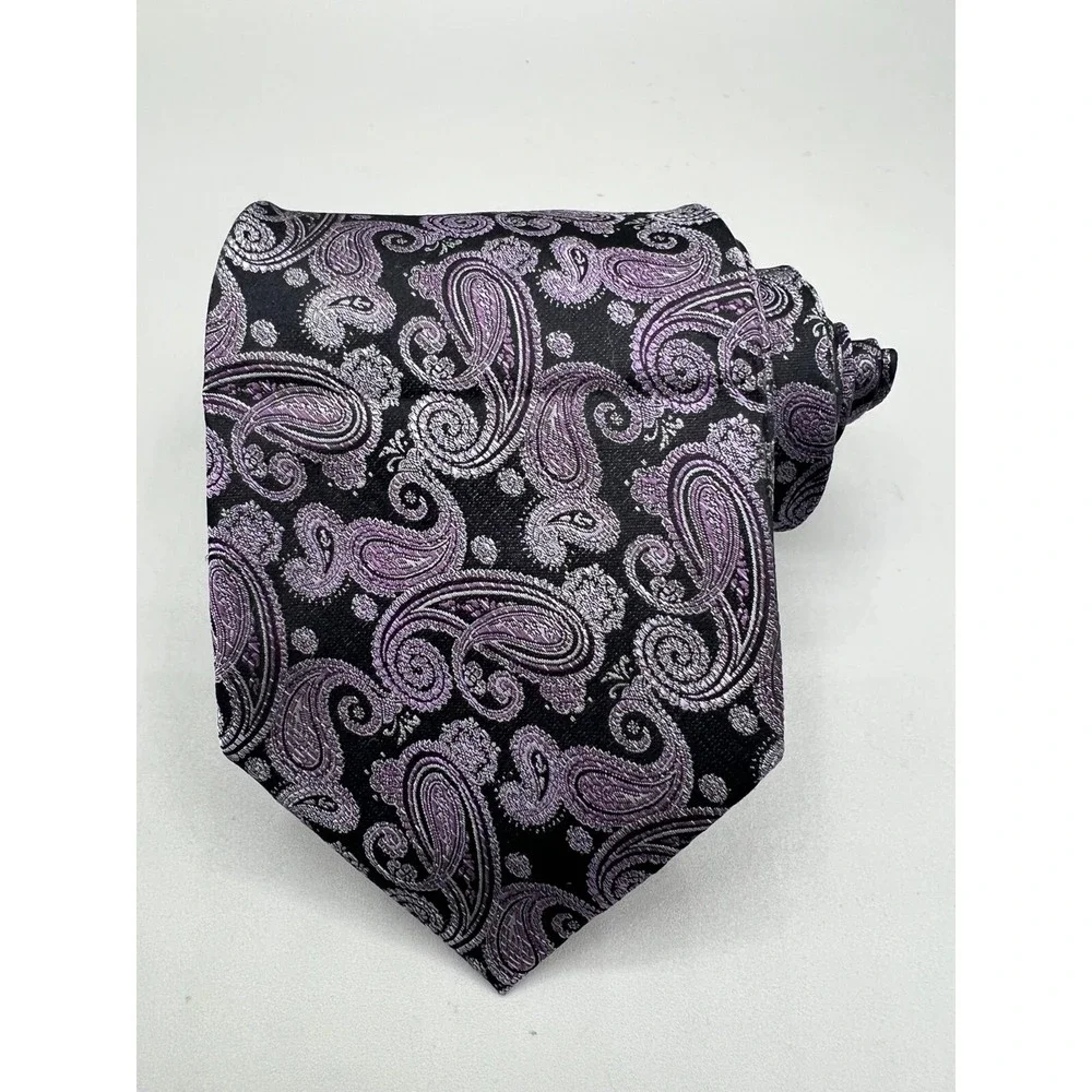 PRONTO UOMO 100% Silk Necktie Paisley Purple‎ Black L:63.25